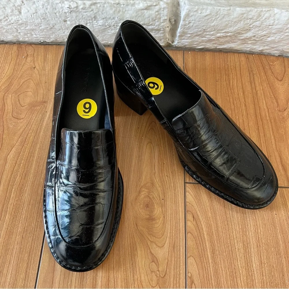 Vince Black Loafers Block Heel Croc Embossed